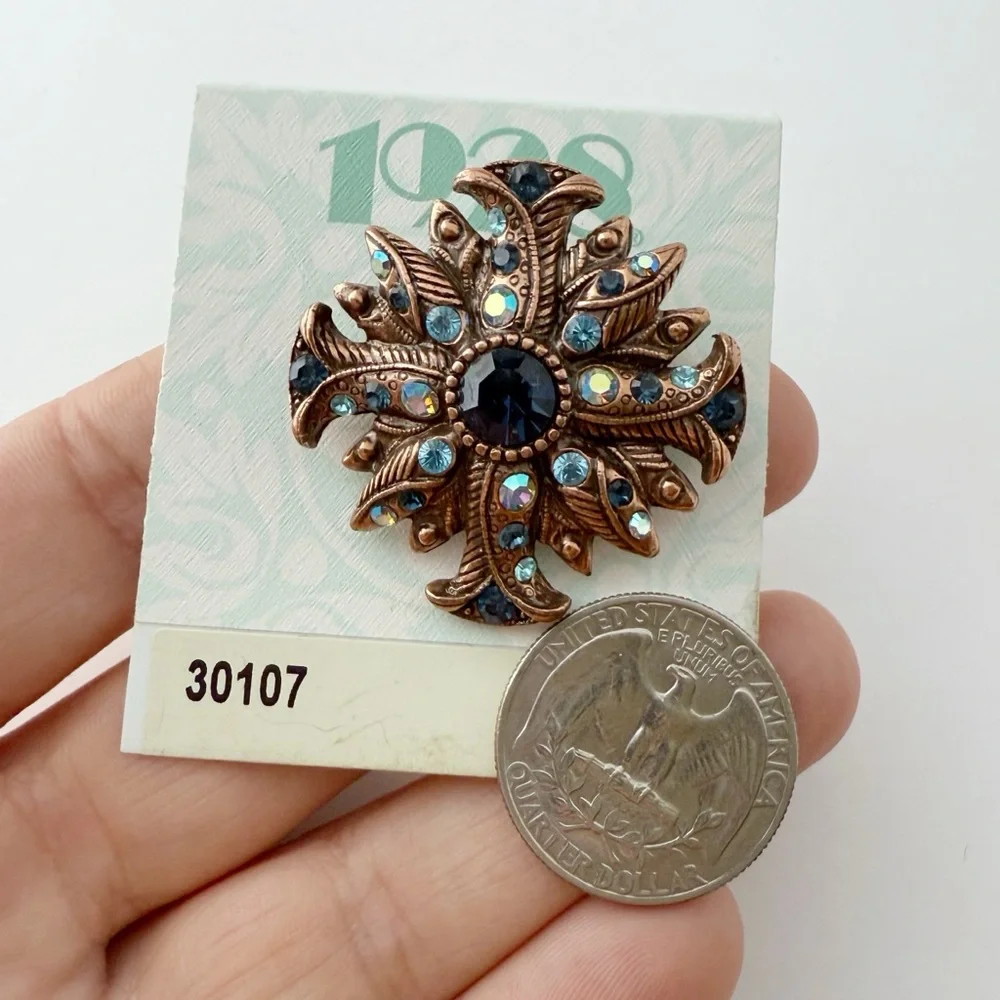 Vintage 1928 Blue Rhinestone Floral Maltese Cross Coppertone Brooch Pin